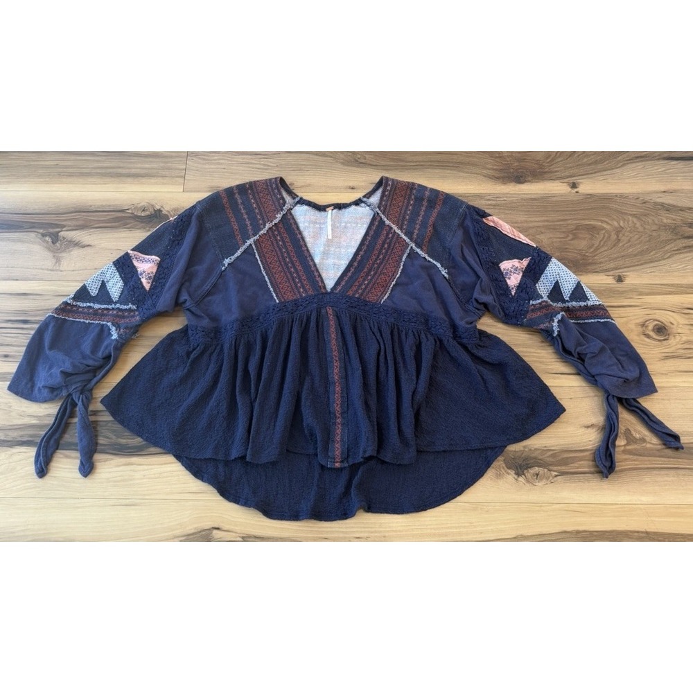 Free People XS Boho Peplum Top Navy Patchwork Crochet Tie Sleeve Babydoll